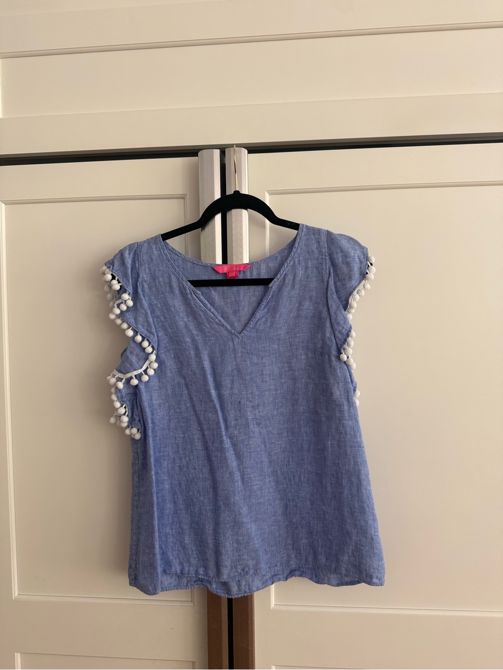 Lilly Pulitzer Light Blue Pom-Pom Flutter Sleeve Top